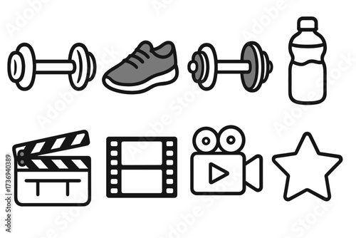 Fitness and film simple icon set. Vector cartoon illustration for web and apps. Gym workout, movie production symbols. Dumbbell, shoe, water bottle, camera, clapperboard icons.