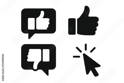 Like and dislike icon set. Thumbs up and down symbols for social media feedback, rating, and customer reviews. Positive and negative opinion vote with click cursor vector.
