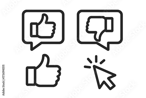 Like and dislike icon set. Thumbs up and down symbols for positive and negative feedback. Customer review, online voting, social media rating. Opinion and choice concept. Vector.