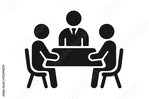 Business meeting vector icon. Teamwork concept. People sitting at table in conference room. Office collaboration and communication. Leadership, management and corporate discussion symbol.