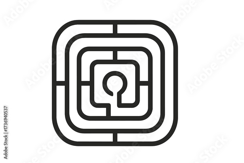 Labyrinth icon, minimal maze puzzle design for concept of challenge, solution, and strategy. Vector illustration of a complex path, way out, or problem solving. Keyhole center.