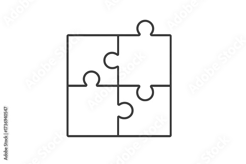 Four puzzle pieces connected. Jigsaw line icon for business strategy, teamwork, and solution concepts. Vector illustration of collaboration, partnership, and problem-solving.
