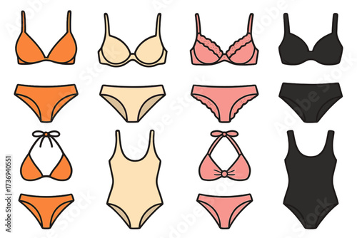 Lingerie and swimwear set. Female underwear and bikini collection. Bra, panties, and swimsuit vector icons. Minimalistic flat design for fashion and apparel concepts.