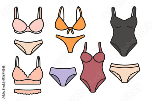 Lingerie and swimwear set. Female underwear, bikini, and swimsuit collection. Bra, panties, and woman's clothing fashion vector illustration. Outline icon set for beachwear.