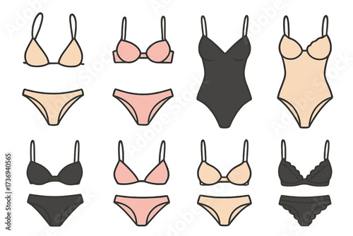 Lingerie and swimwear set. Female underwear collection. Various bra, panties, bikini and bodysuit designs. Minimalistic flat vector illustration. Woman fashion essentials icons.