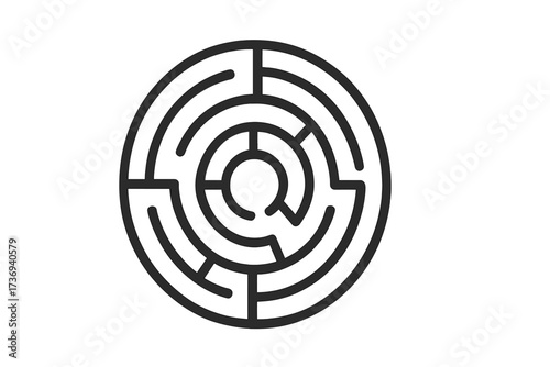 Vector labyrinth icon. Circle maze puzzle design. Find solution, path finding concept. Business strategy, challenge and success metaphor. Logic game symbol. Simple round maze.