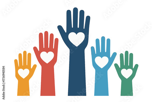 Colorful hands with hearts vector concept for charity, donation, and volunteering. Diverse community helping, supporting, and uniting for a cause. Social teamwork and unity.