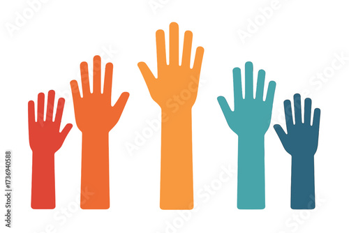 Raised hands vector for charity, volunteering, and donation. Diverse community help concept. Teamwork metaphor. Social support. People voting. Cooperation and unity symbol.