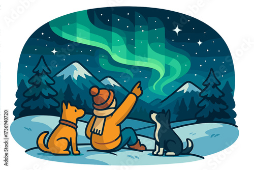 Man and dogs enjoy stargazing under northern lights. Winter night sky with aurora borealis in snowy mountains. Vector illustration concept for wonder, adventure and friendship.