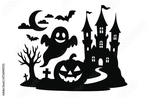 Halloween silhouette scene with spooky castle, ghost, bats, and jack o'lantern pumpkin. Vector illustration for party invitation, decoration or sticker. Night landscape with cemetery.