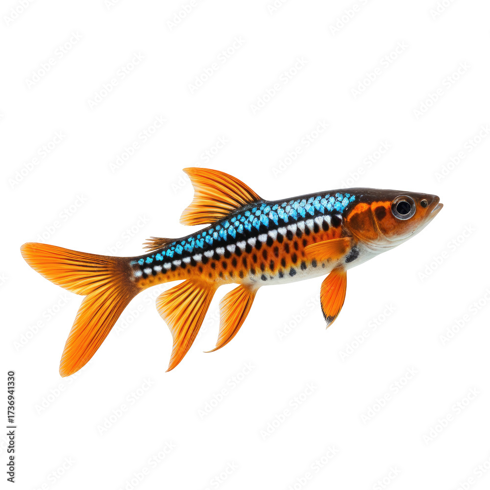 Fototapeta premium Colorful freshwater fish with vibrant orange and blue scales on a dark background
