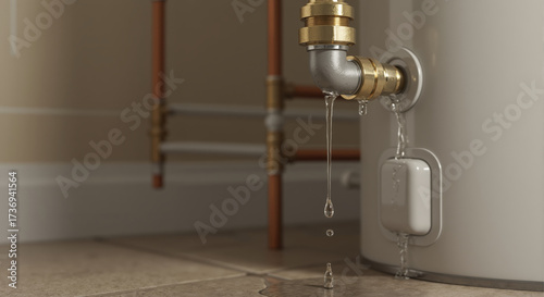 Leaking water heater pipe dripping onto the floor. Close-up of a plumbing problem and water damage. Home maintenance and insurance claim concept.
