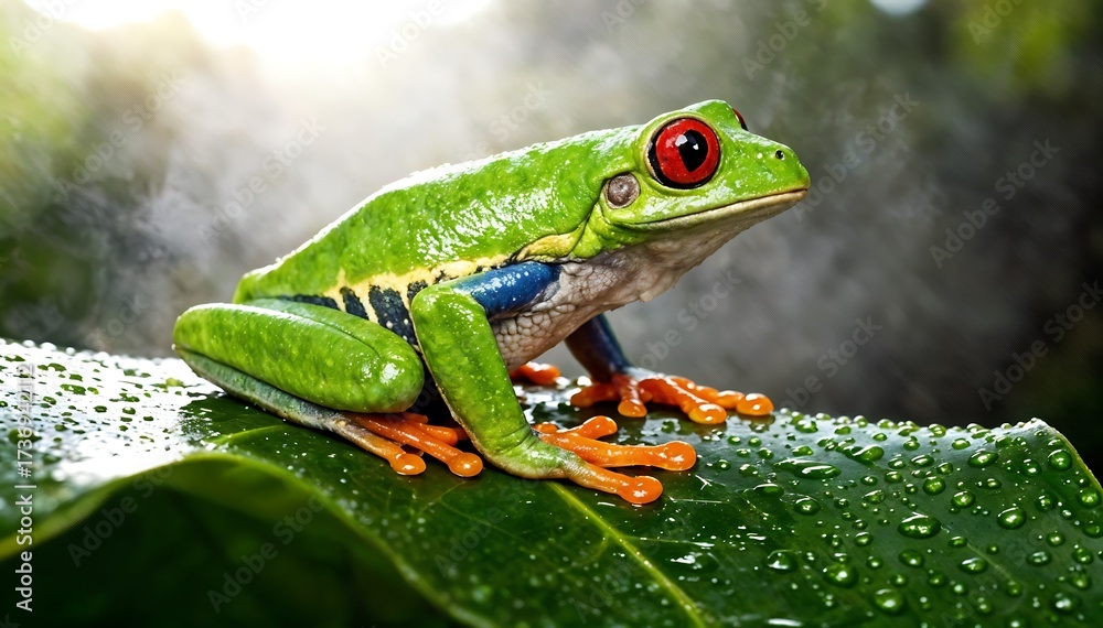 Naklejka premium Vibrant Green Tree Frog with Red Eyes Sitting on Wet Leaf in Tropical Setting