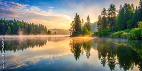 Serene lake landscape at dawn with misty fog rolling in, surrounded by tall trees and lush greenery, a tranquil atmosphere of stillness and quiet contemplation , tranquility, misty fog