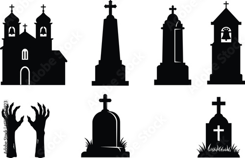 Gothic church silhouette, cemetery gravestones, spooky zombie hands, haunted bell tower, horror halloween graveyard illustration, funeral death monument design vectorGothic church silhouette, 