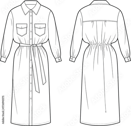 Long sleeve belted shirt dress flat sketch, vector CAD fashion illustration, button down gown design template, apparel technical drawing, clothing pattern