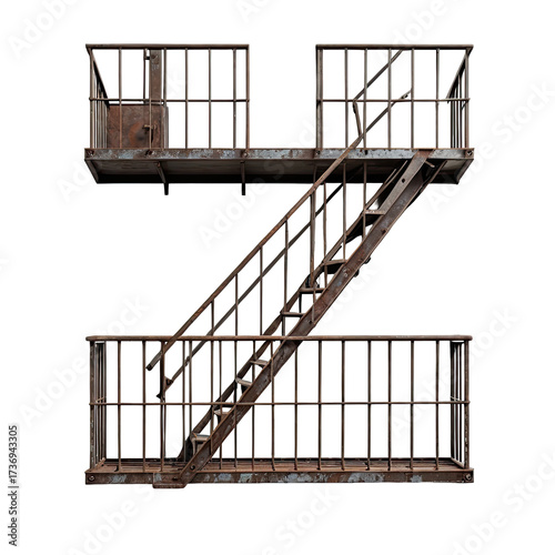 Rusty metal fire escape shaped as letter Z, isolated on black