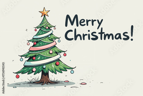 A cartoon Christmas tree with colorful baubles, ribbons, and a star on a cream background with Merry Christmas! text.