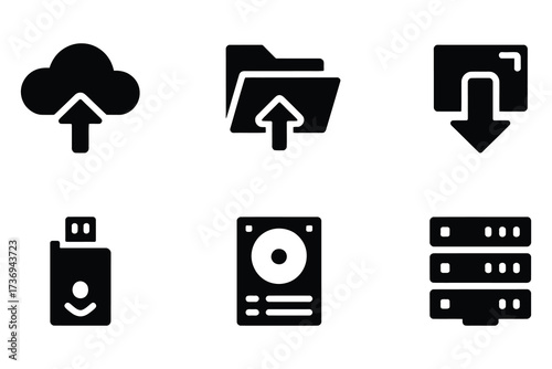 Data transfer icons in black design including cloud uploading folder uploading downloading USB drive hard drive and server