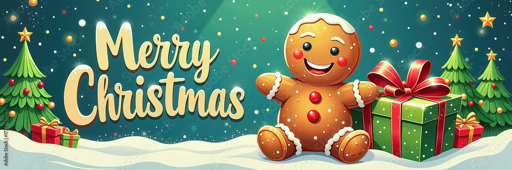 Fototapeta premium A gingerbread man with a green present and red bow, surrounded by snow and trees, against a dark teal background with stars and ornaments.