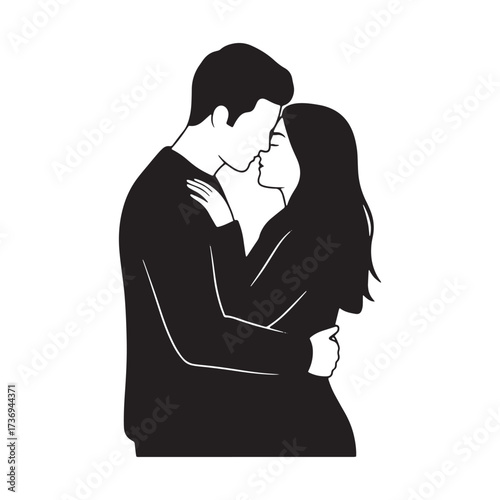 Couple Embracing in Casual Clothing on White Background Keywords: couple, embrace, hug, love