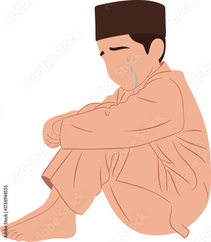 A Muslim boy in brown traditional clothing and cap, sitting with tears, expressing sadness and solitude, suitable for emotional and mental health themes