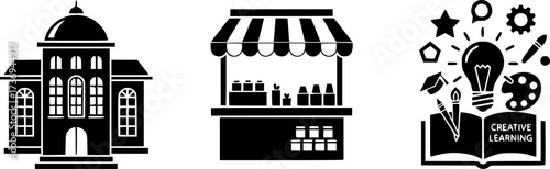 Educational icons: library, marketplace, creative learning in bold silhouette design
