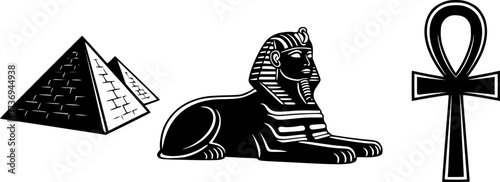 Ancient egyptian symbol set featuring pyramid, sphinx, and ankh icons in silhouette style