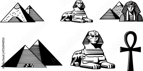 Ancient egyptian symbol set featuring pyramid, sphinx, and ankh icons in silhouette style