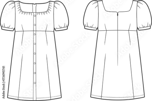 Short puff sleeve button dress flat sketch, vector CAD fashion illustration, A-line gown design template, apparel technical drawing, clothing pattern