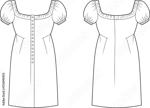 Short puff sleeve dress flat sketch, vector CAD fashion illustration, button front gown design template, apparel technical drawing, clothing pattern