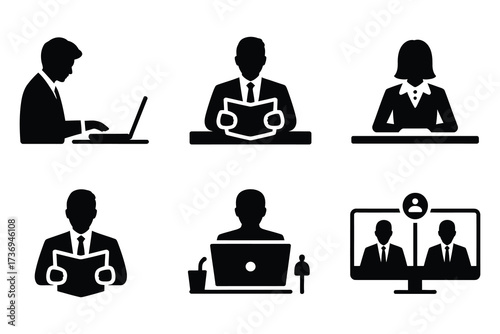 Office Workers Silhouettes Engaged in Various Activities and Online Communication Black and White Design