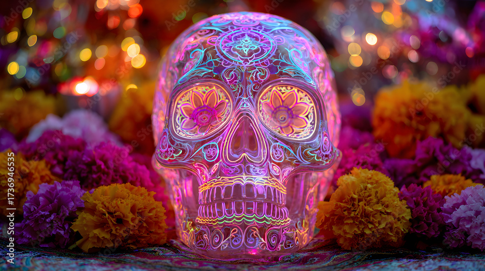 Fototapeta premium Colorful Sugar Skull Illuminated with Vibrant Patterns and Surrounded by Marigold Flowers