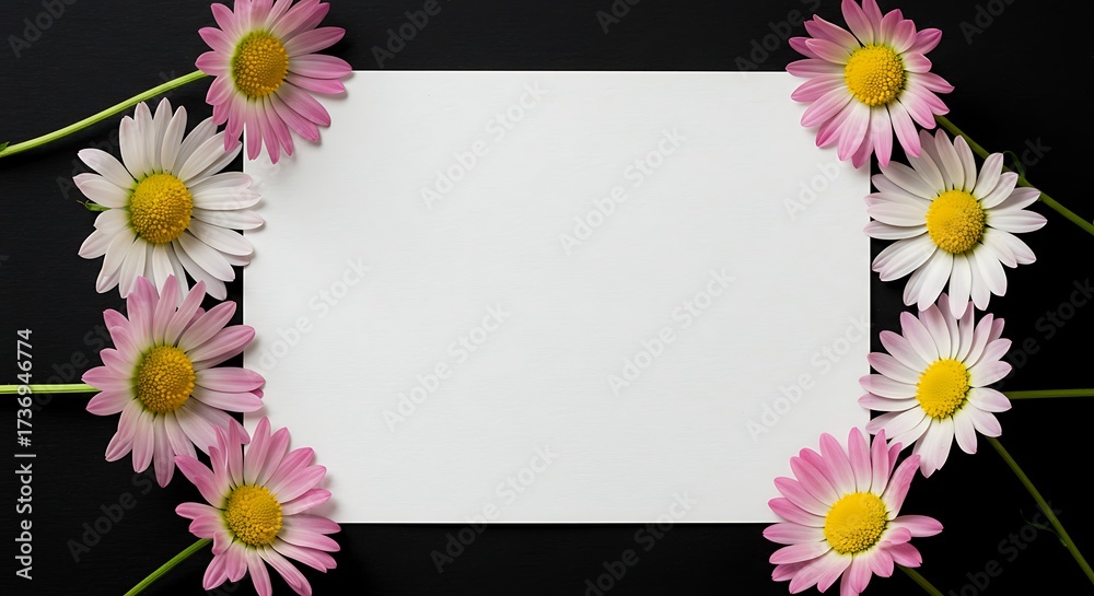 Fototapeta premium Elegant floral frame with daisies and a blank canvas on a dark background