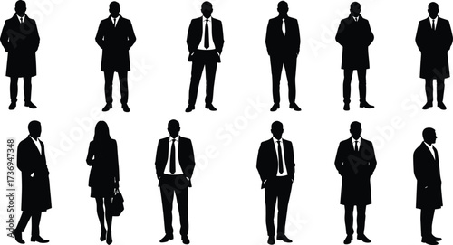 Silhouette group of business men and women standing, office professionals, corporate fashion, teamwork posture, modern style, professional business outline