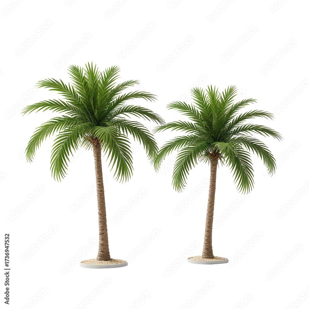 Obraz premium Two tall green palm trees with rough trunks on sand, isolated on black background