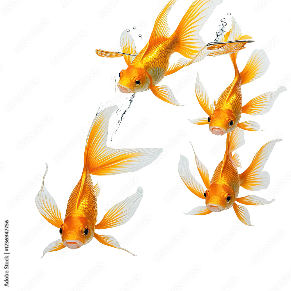 Fototapeta premium Four orange goldfish swim gracefully against a black background