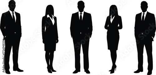 Silhouette of business professionals, men and women in formal office attire, standing together, teamwork, corporate staff, leadership, partnership concept