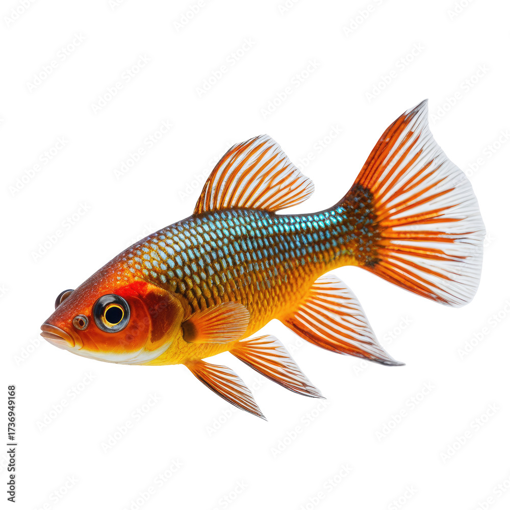 Fototapeta premium Vivid, close-up of a colorful, exotic fish with blue and orange scales