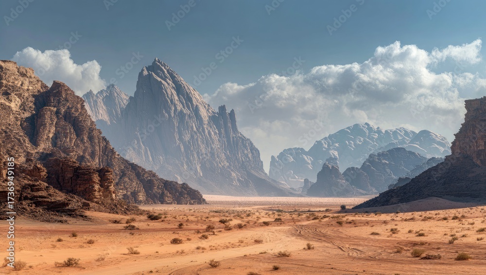 Fototapeta premium Vast desert scene framed by rock formations, under a partially clouded sky, with distant mountains