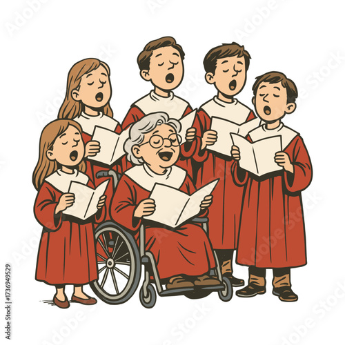 Vector Illustration of Choir Singing Group Featuring Elderly Woman in Wheelchair and Children in Red Robes in Modern Style with Warm Color Palette