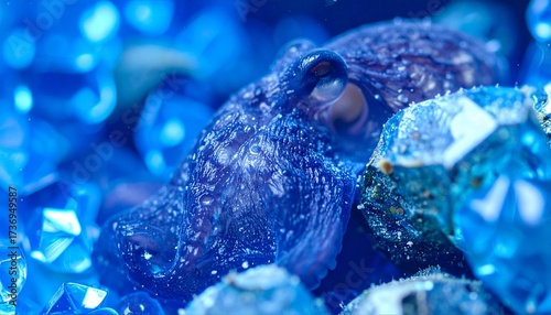Intimate Octopus Portrait Deep Blue Sea Creature Amidst Sparkling Gems.