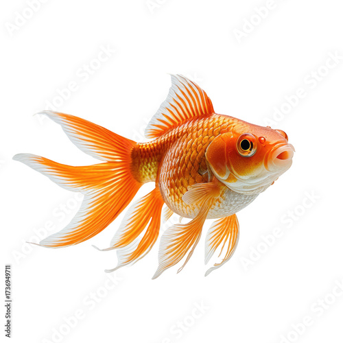 Vivid orange goldfish isolated on black. Detailed fins, scales