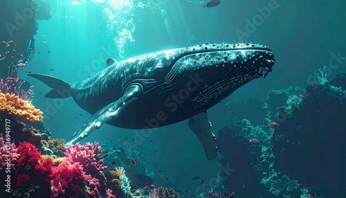 Majestic Humpback Whale Swimming Through Vibrant Coral Reef Ecosystem.