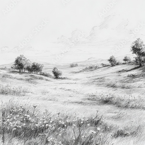 Grayscale field landscape sketch