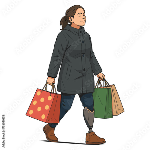Vector Illustration of Woman with Shopping Bags in Modern Casual Style