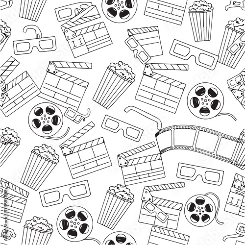 Seamless Pattern of Cinema and Movie Night Icons Keywords: movie, cinema, film, popcorn