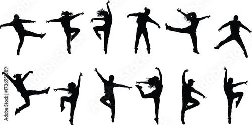 Silhouette of dancers jumping, performing expressive dance moves, modern style, energetic people, vector illustration, celebration, motion, performance, contemporary artistic expression