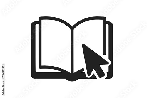 E-book icon with cursor. Digital book and online reading concept. Vector for e-learning, education, online library, bookstore. Click to buy, study or read online.