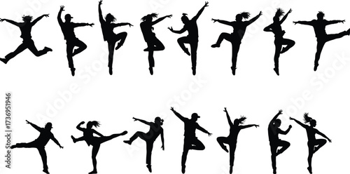 Silhouette of dancers performing jumps, modern dance moves, energetic motion, expressive performance, people in action, vector illustration, artistic celebrationSilhouette of dancers performing 